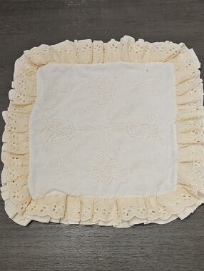 Hand Sewn And Needlepoint Pillow Case 14.5"x14.5" Ruffled Eyelet Ivory VGUC